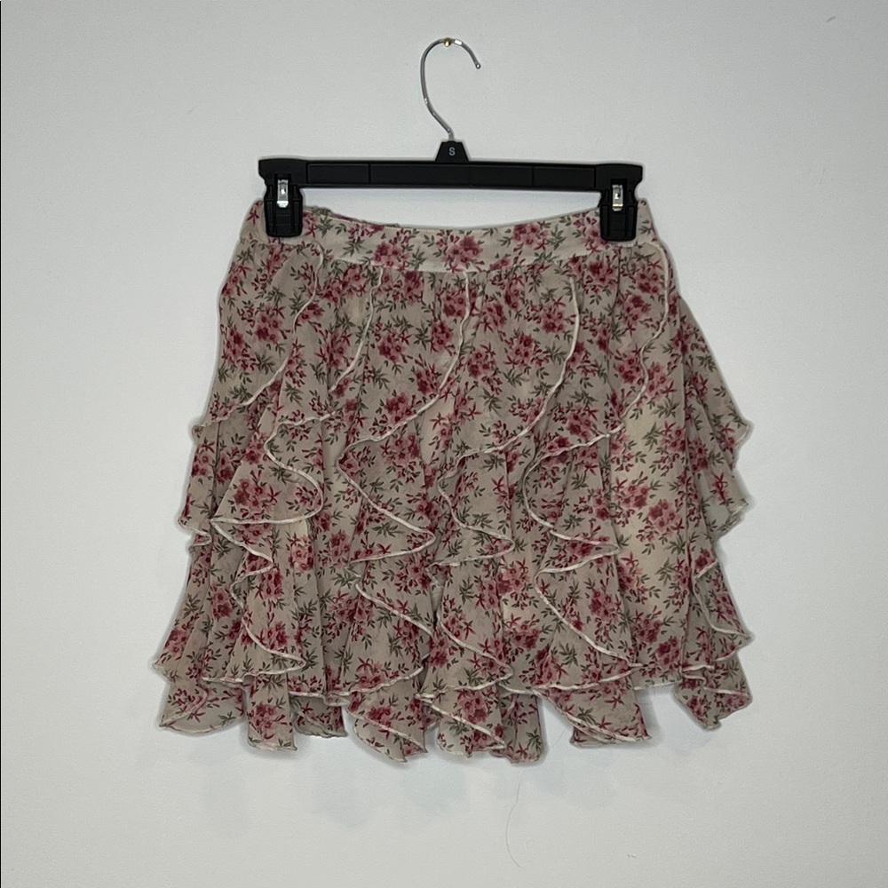 MADE WITH LOVE Floral Ruffle Skirt in Pink and Cream